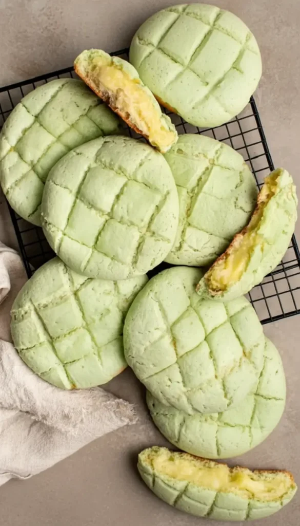 Japanese Honeydew Bread Recipe | Cloud-Soft Milk Bread, Foolproof Method 4 Soft Japanese honeydew bread buns, Hokkaido milk bread texture, light green crust with lattice pattern, cooling on a rack, easy bakery style