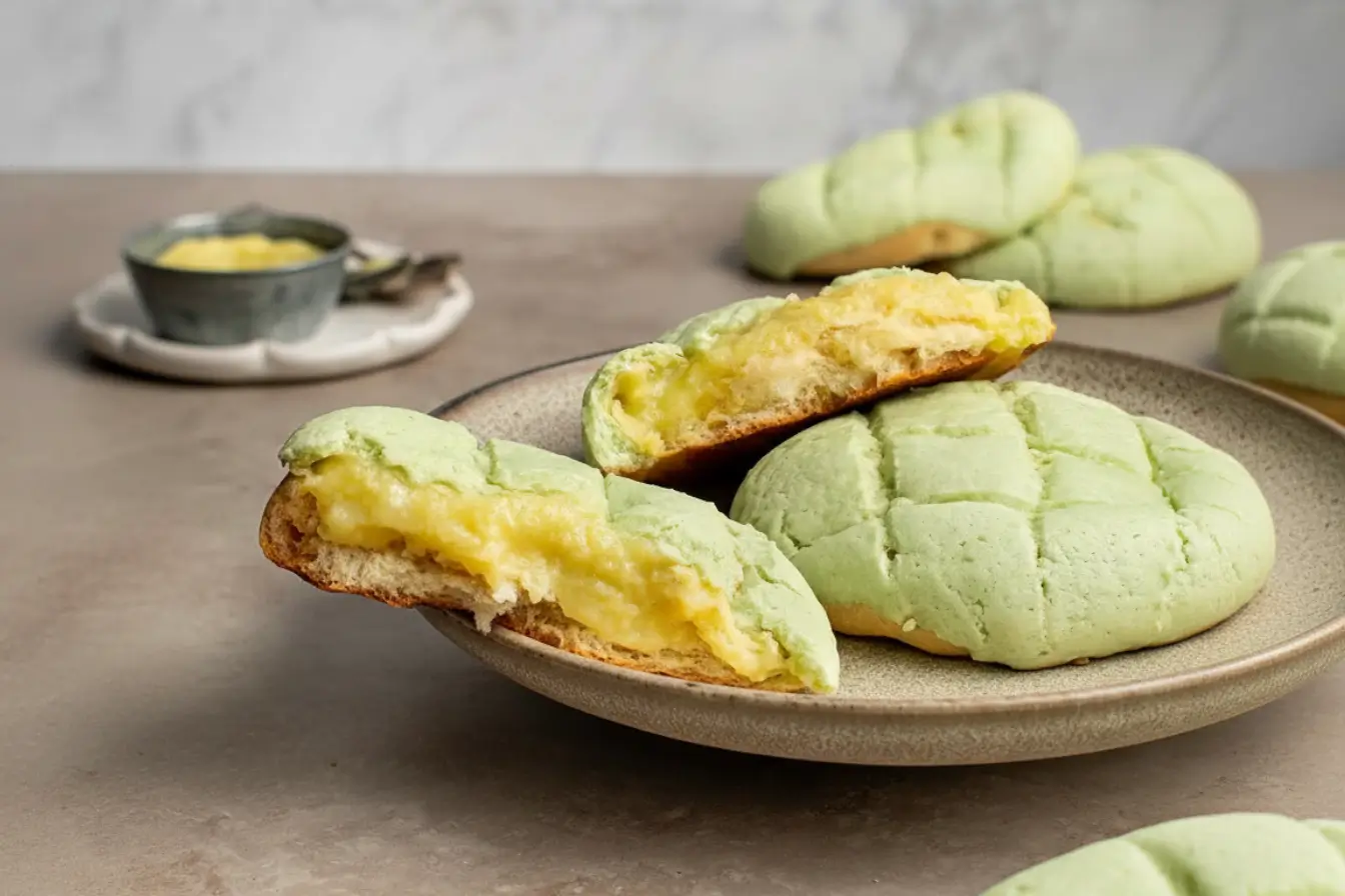 Japanese Honeydew Bread Recipe | Cloud-Soft Milk Bread, Foolproof Method 3 Fresh Japanese honeydew bread on a cooling rack, pale green milk bread with crosshatch tops, one bun sliced to show creamy filling, homemade recipe