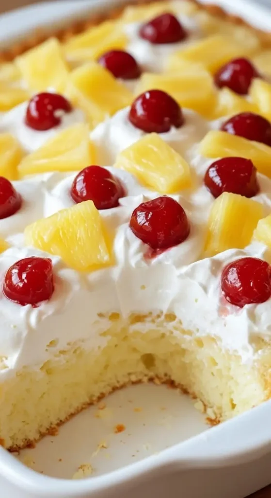 Juicy Pineapple Heaven Cake dessert showing fluffy yellow cake under whipped cream, garnished with pineapple pieces and bright red cherries