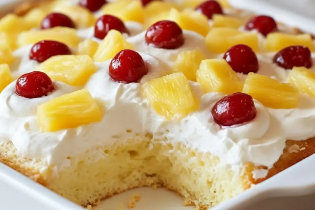 Close-up of Juicy Pineapple Heaven Cake topped with whipped cream, pineapple chunks, and maraschino cherries in a white baking dish, one slice missing