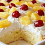 Close-up of Juicy Pineapple Heaven Cake topped with whipped cream, pineapple chunks, and maraschino cherries in a white baking dish, one slice missing