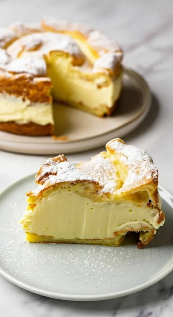 Close view of Karpatka Polish Custard Cake, golden choux pastry top and bottom with smooth vanilla cream filling, powdered sugar finish, classic Polish custard cake for a homemade recipe pin