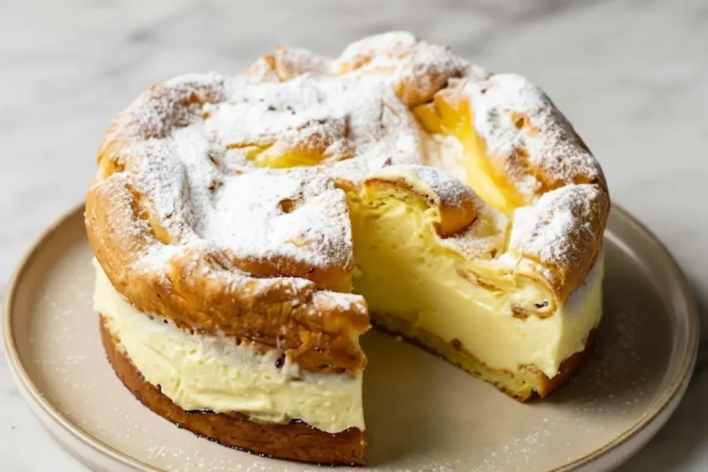 Karpatka Polish Custard Cake on a plate, airy choux pastry layers filled with thick vanilla custard and dusted with powdered sugar, one slice removed to reveal the creamy center, traditional dessert recipe