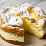 Karpatka Polish Custard Cake on a plate, airy choux pastry layers filled with thick vanilla custard and dusted with powdered sugar, one slice removed to reveal the creamy center, traditional dessert recipe