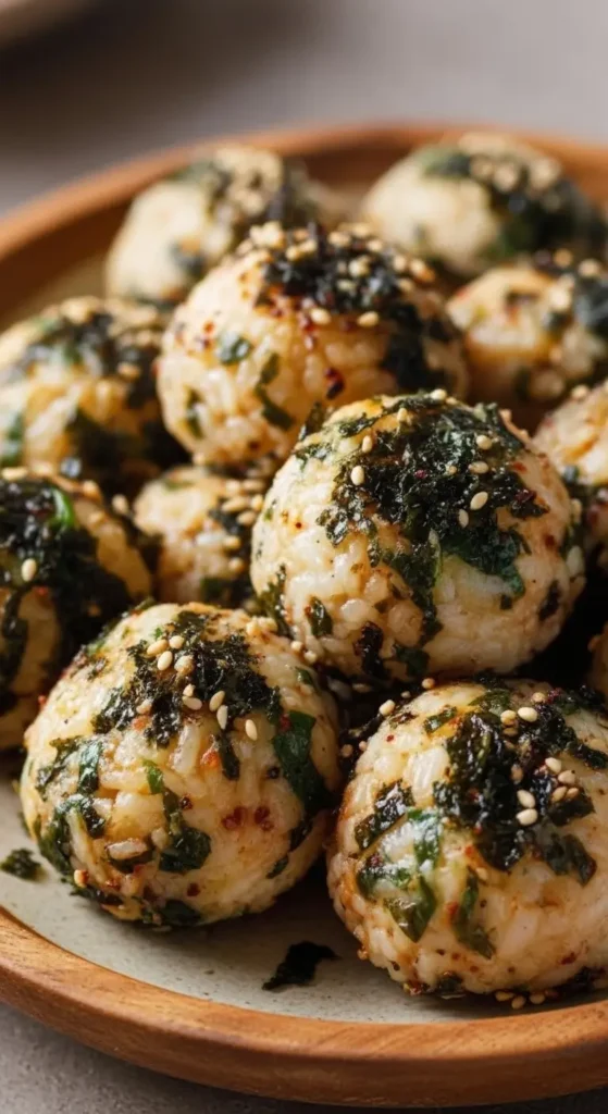 Close up of Jumeokbap Korean rice balls sprinkled with sesame seeds