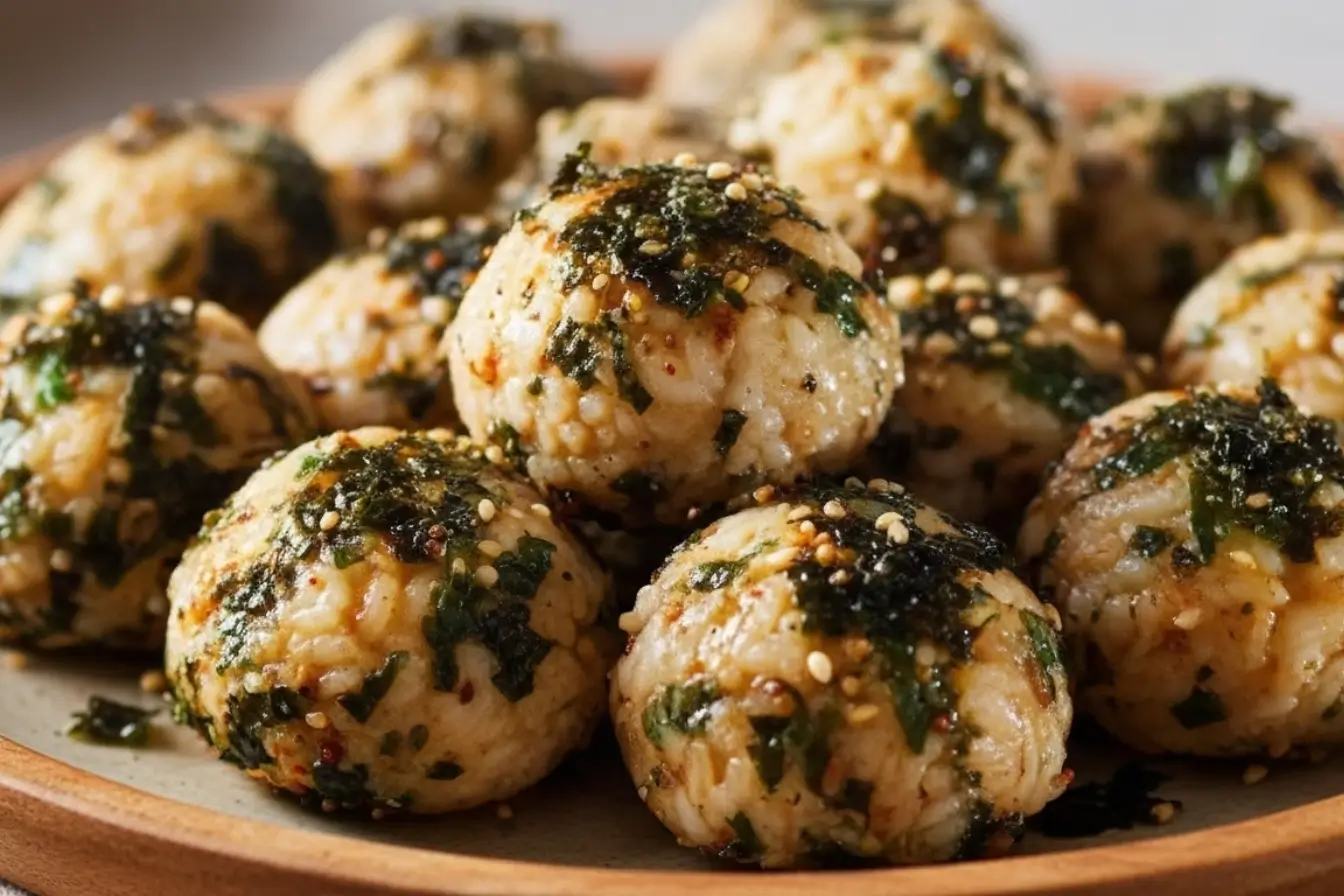 Korean rice balls Jumeokbap with seaweed and sesame on a plate