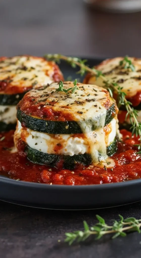 Close-up of zucchini ricotta stacks baked in marinara sauce, bubbly cheese and thyme, low carb comfort food recipe