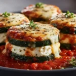 Layered zucchini ricotta melts with marinara stacked on a plate, golden melted cheese and herbs on top, easy vegetarian dinner idea