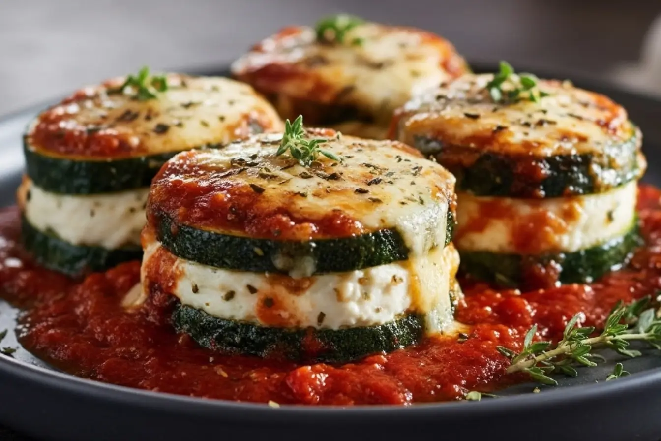 Layered zucchini ricotta melts with marinara stacked on a plate, golden melted cheese and herbs on top, easy vegetarian dinner idea