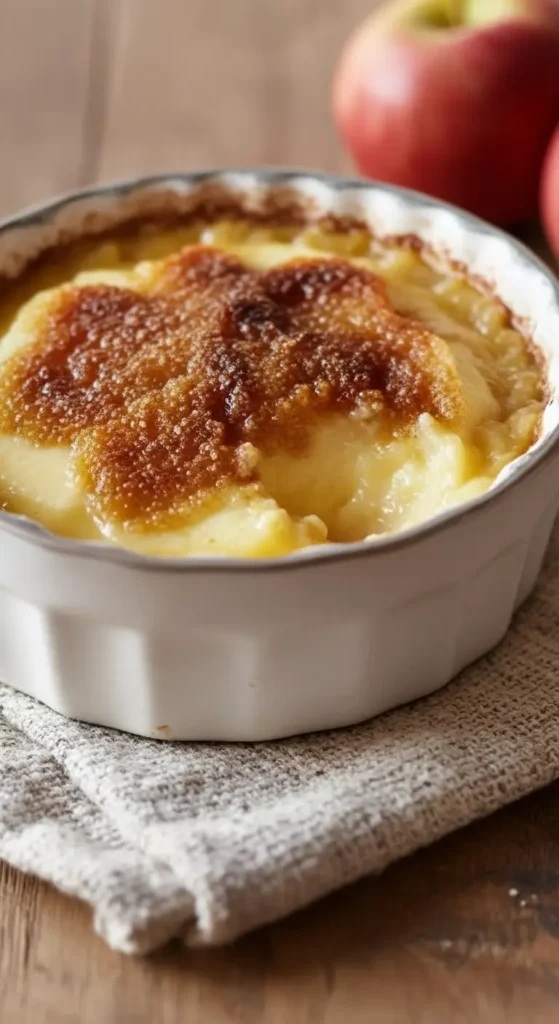 Spoonful of Malvern Pudding lifted from a ramekin, British desserts favorite with silky custard and a golden baked sugar crust, cozy English food