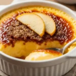 Overhead view of Malvern Pudding, classic English pudding with a caramelized top, creamy custard, hint of lemon rind, served warm in a white ramekin