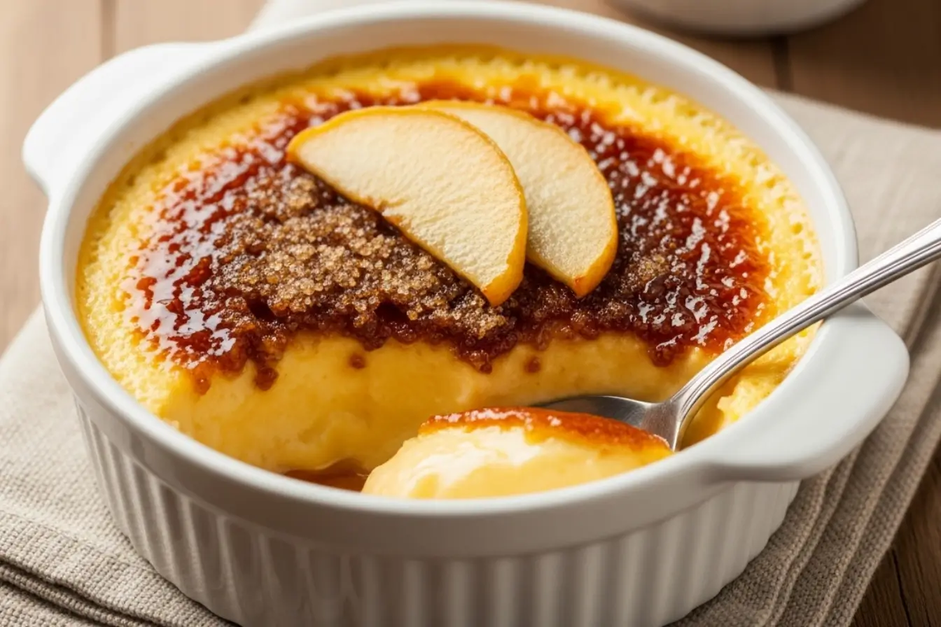 Overhead view of Malvern Pudding, classic English pudding with a caramelized top, creamy custard, hint of lemon rind, served warm in a white ramekin
