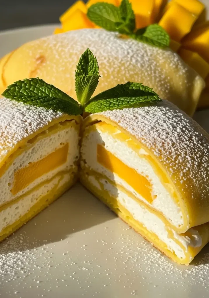 Fluffy Mango Pancakes folded like crepes, layered with whipped cream and ripe mango slices