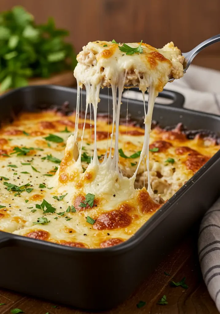 Million Dollar Chicken Casserole fresh from the oven, Ritz cracker style crust, gooey cheese pull over creamy chicken