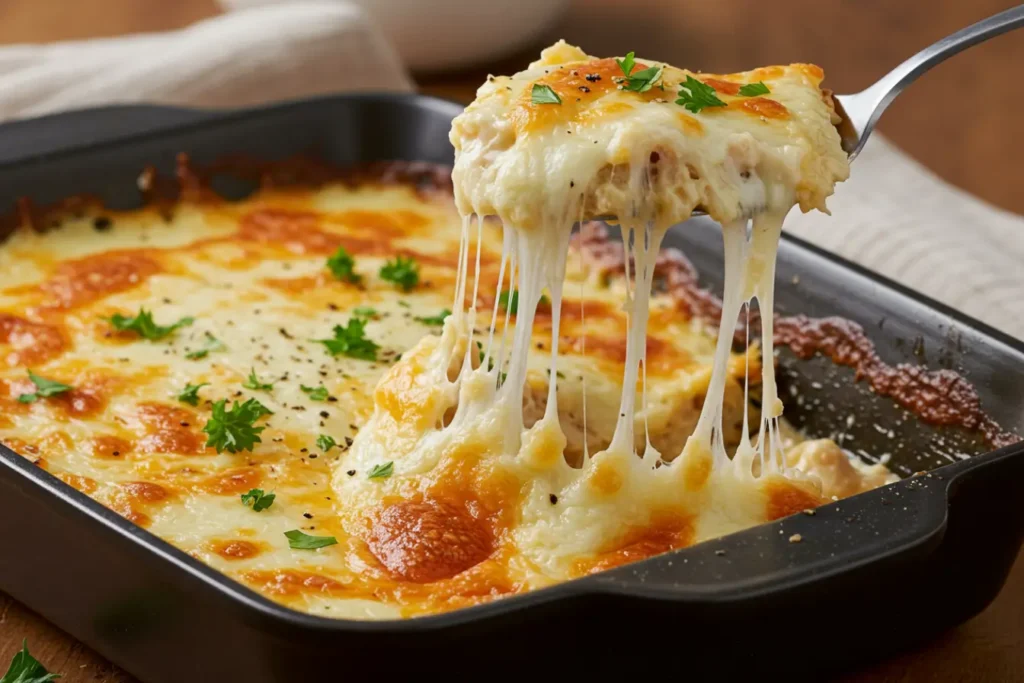 Cheesy Million Dollar Chicken Casserole with golden baked top and parsley, creamy shredded chicken scoop stretching melted cheese