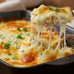 Cheesy Million Dollar Chicken Casserole with golden baked top and parsley, creamy shredded chicken scoop stretching melted cheese