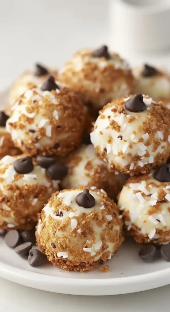 Close up of Moose Farts dessert balls, no bake coconut and chocolate cookie bites with crunchy crumb coating, simple Canadian recipe