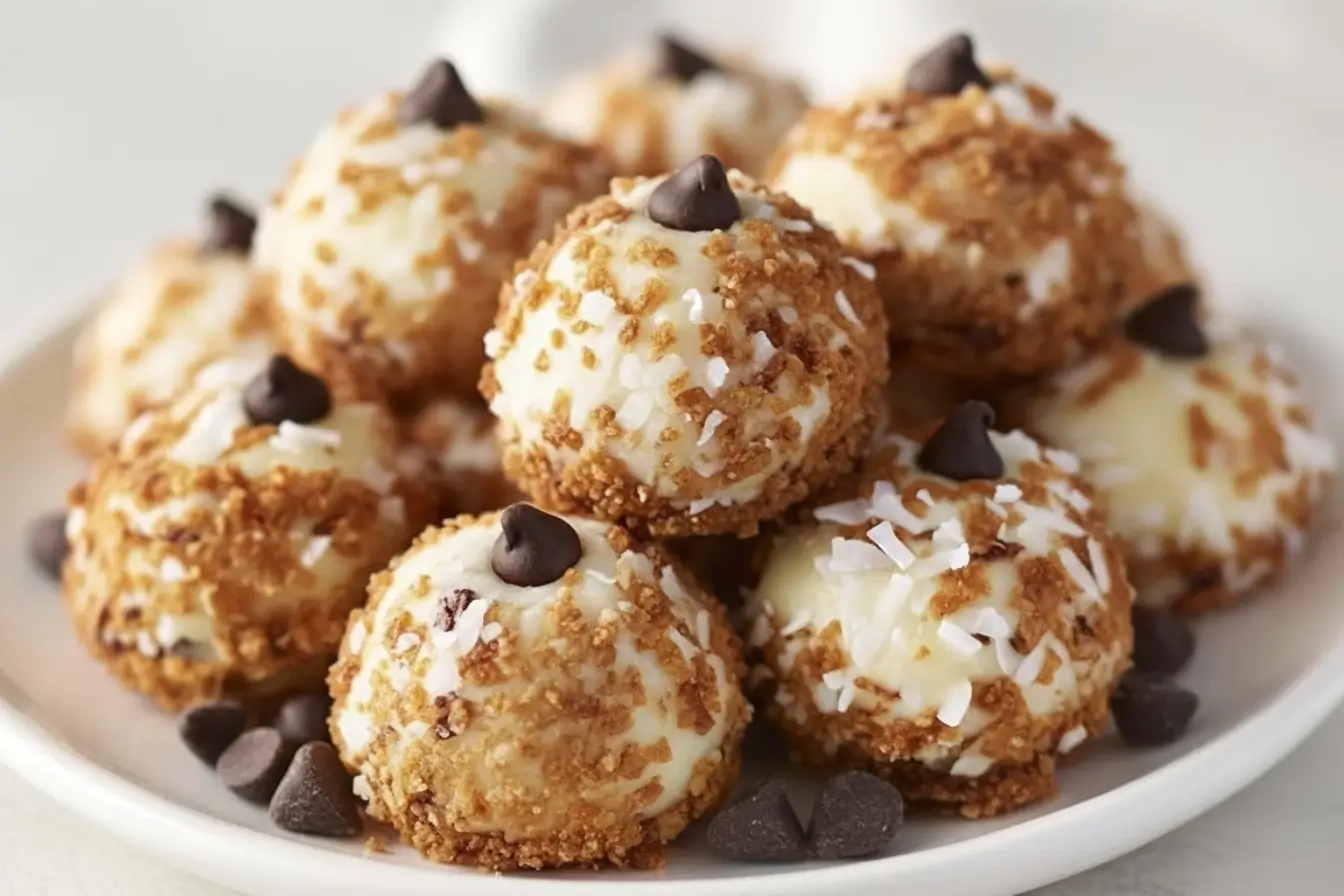 Plate of no bake Moose Farts cookies, creamy coconut dessert balls rolled in crumbs and topped with chocolate chips, easy Canadian treat for parties