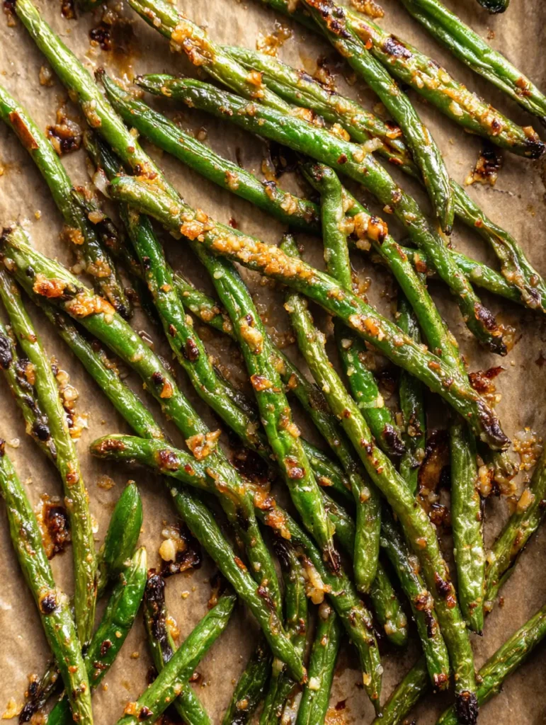 Crispy garlic Parmesan green beans baked in the oven, golden crumbs on fresh green beans, simple weeknight side