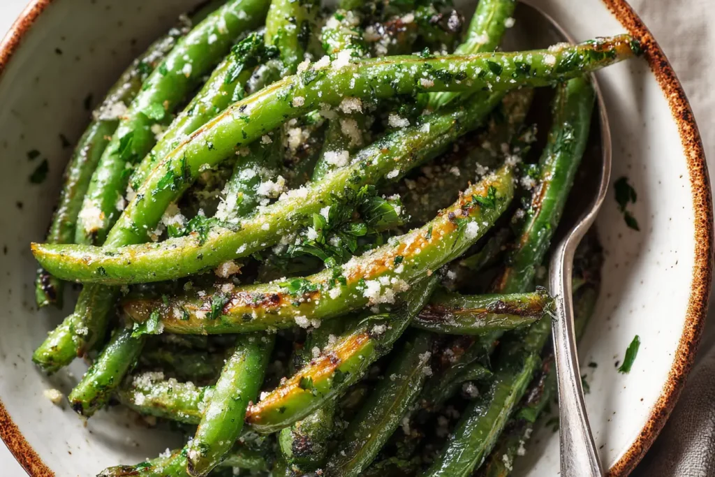Oven-roasted green beans with garlic and Parmesan on a sheet pan, crispy edges, easy vegetable side dish