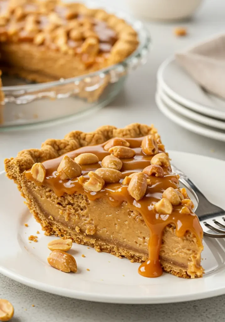 Close up slice of Payday Pie with caramel drizzle and peanuts on graham cracker crust