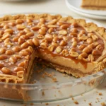 Close up slice of Payday Pie with caramel drizzle and peanuts on graham cracker crust