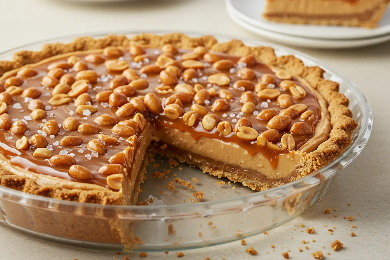 Close up slice of Payday Pie with caramel drizzle and peanuts on graham cracker crust
