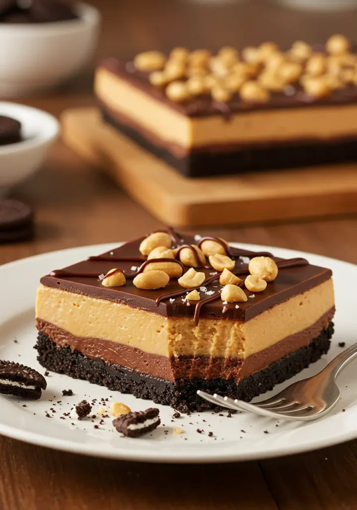 No bake Peanut Butter Pie With Oreo Crust featuring thick peanut butter filling, dark chocolate topping, and crunchy peanuts on a white plate