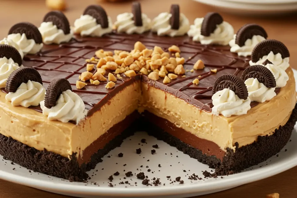 Peanut Butter Pie With Oreo Crust topped with glossy chocolate ganache, whipped cream swirls, and salted peanuts, a slice cut to show creamy layers