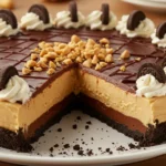 Peanut Butter Pie With Oreo Crust topped with glossy chocolate ganache, whipped cream swirls, and salted peanuts, a slice cut to show creamy layers