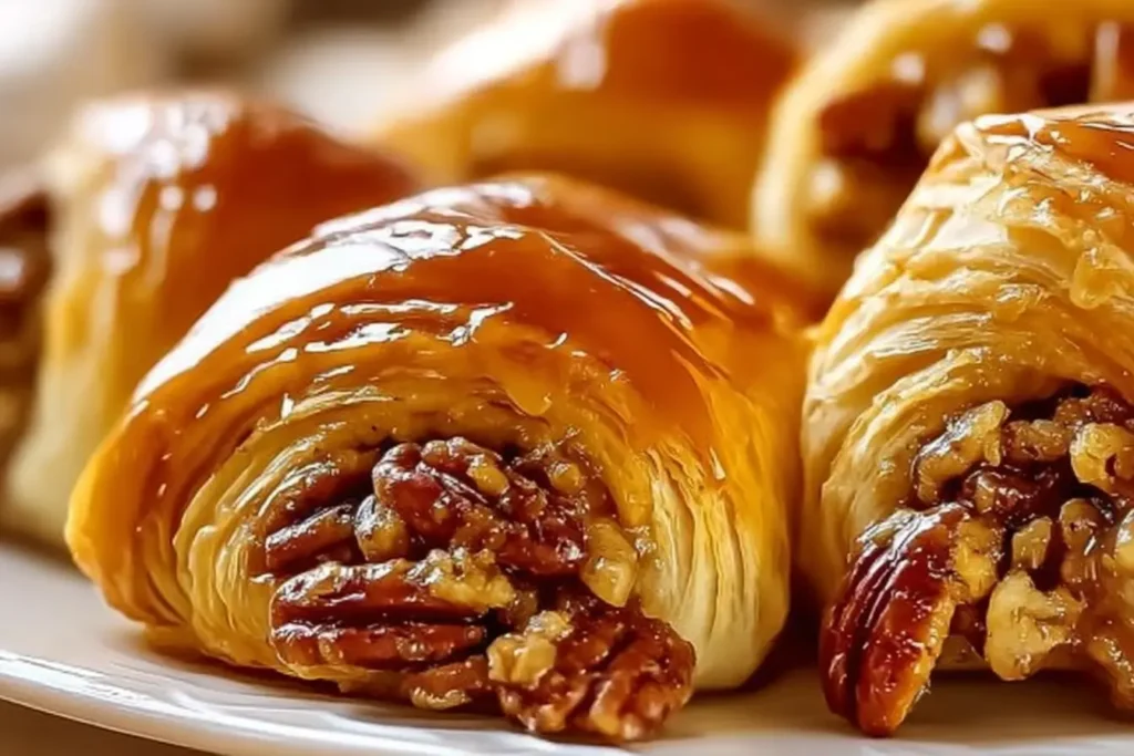 Pecan Pie Crescent Rolls with glossy caramel glaze, flaky layers, and toasted pecans on a white plate