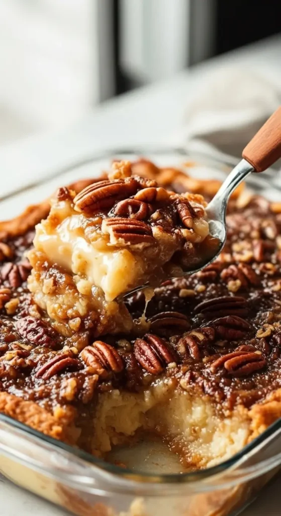 Pecan Pie Dump Cake 4 Closeup of baked Pecan Pie Dump Cake with caramelized pecan topping and buttery cake layers, simple holiday dessert