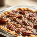 Pecan Pie Dump Cake 5 Spoon lifting a gooey slice of Pecan Pie Dump Cake from a glass baking dish, topped with crunchy pecans, easy dessert recipe