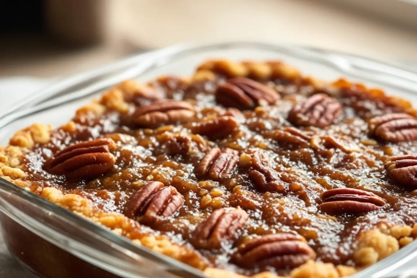 Pecan Pie Dump Cake 3 Spoon lifting a gooey slice of Pecan Pie Dump Cake from a glass baking dish, topped with crunchy pecans, easy dessert recipe