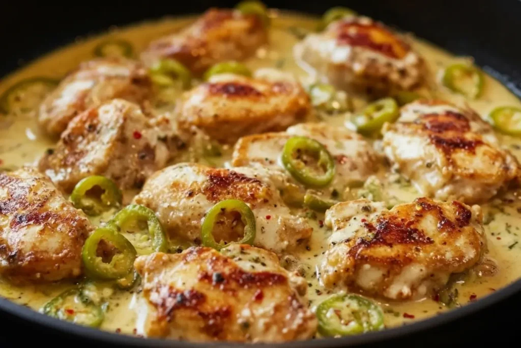 Creamy pepperoncini chicken skillet with seared chicken breasts in a garlic parmesan sauce, topped with sliced pepperoncini rings for tangy heat.