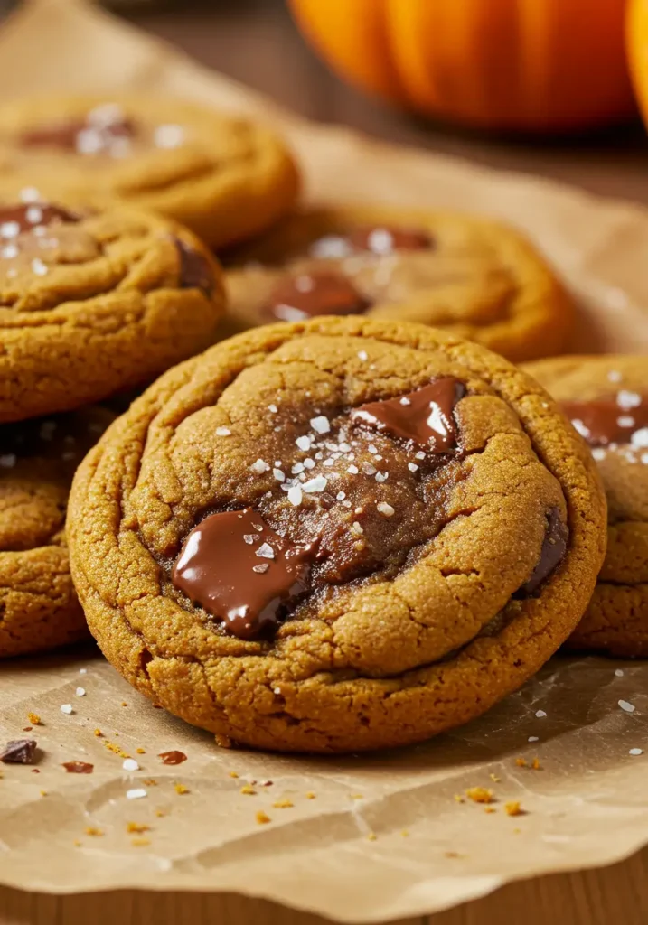 Thick bakery style Pumpkin Chocolate Chip Cookies, one bitten to show molten chocolate center, scattered chips and flaky salt for cozy autumn dessert.