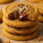 Close up of soft, chewy Pumpkin Chocolate Chip Cookies with gooey melted chocolate and a sprinkle of sea salt on parchment, perfect fall baking vibe.