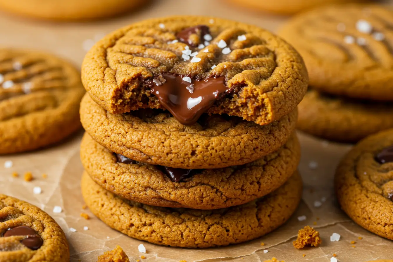 Close up of soft, chewy Pumpkin Chocolate Chip Cookies with gooey melted chocolate and a sprinkle of sea salt on parchment, perfect fall baking vibe.