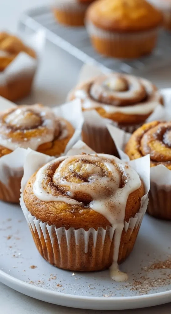 Close up of Pumpkin Cinnamon Roll Muffins drizzled with icing, tender crumb and warm spice, homemade fall baking on a plate