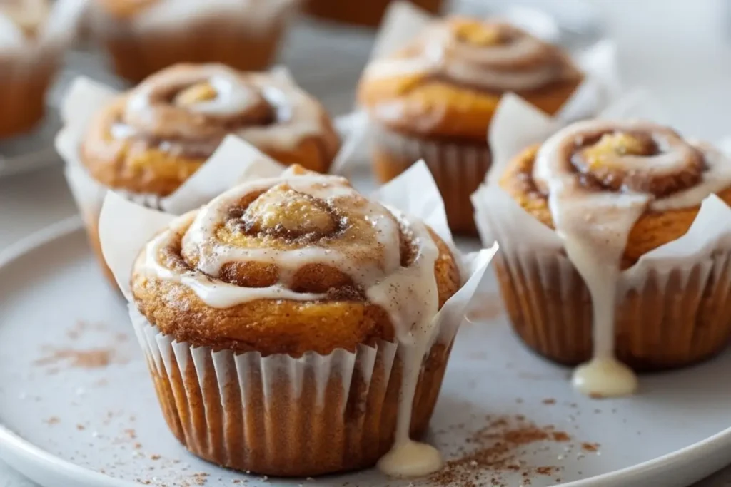 Pumpkin Cinnamon Roll Muffins with cream cheese icing on a white plate, soft swirls and cinnamon sugar, cozy fall breakfast treat