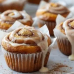 Pumpkin Cinnamon Roll Muffins with cream cheese icing on a white plate, soft swirls and cinnamon sugar, cozy fall breakfast treat