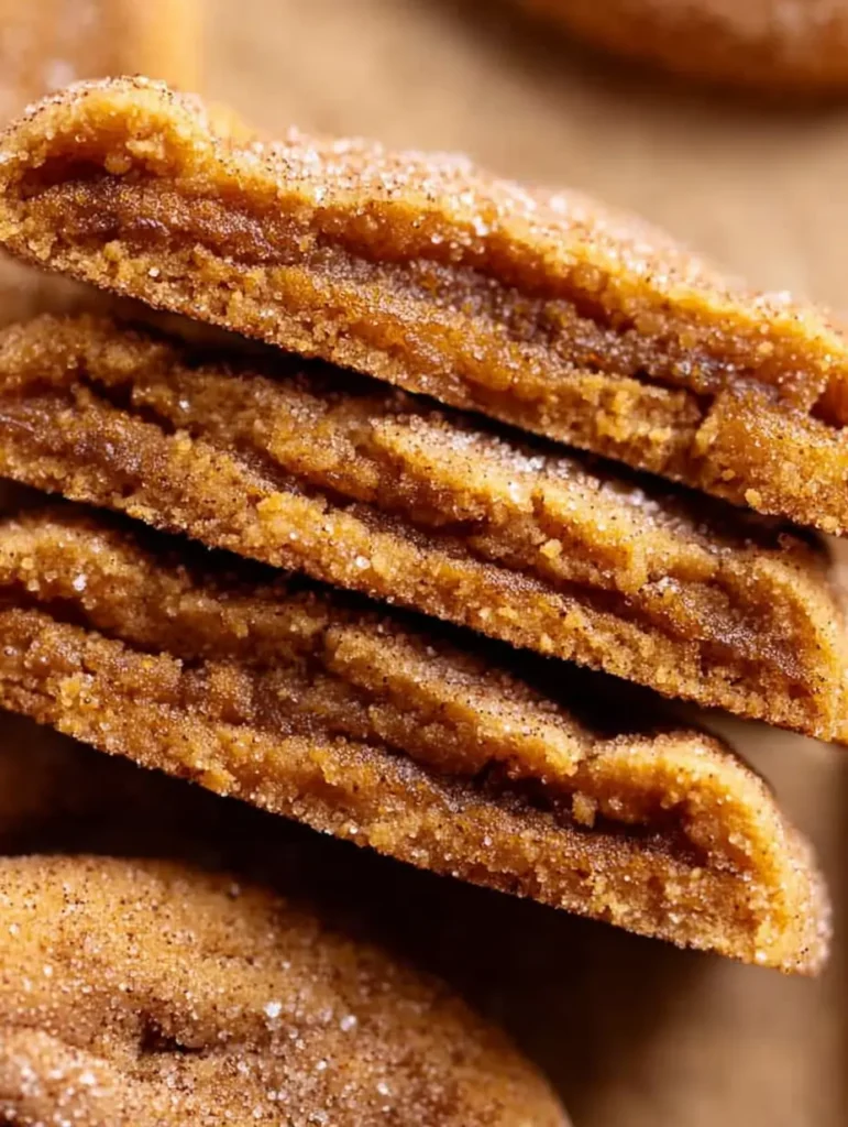 Golden brown pumpkin snickerdoodle cookies on parchment paper, sparkly sugar tops, easy Thanksgiving cookie recipe