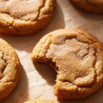 Close-up of pumpkin snickerdoodle cookies coated in cinnamon sugar, one with a bite, soft and chewy fall dessert
