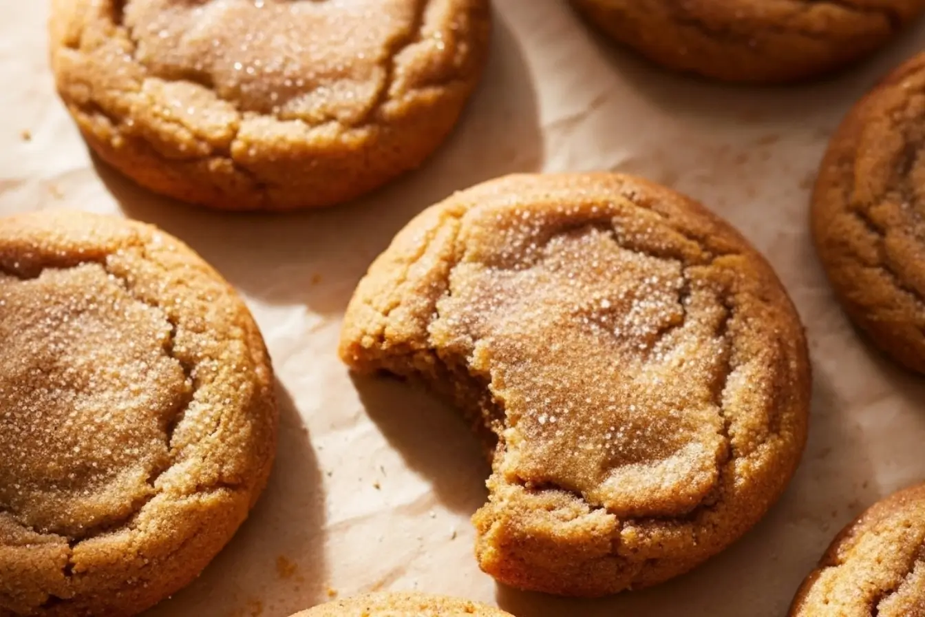 Close-up of pumpkin snickerdoodle cookies coated in cinnamon sugar, one with a bite, soft and chewy fall dessert