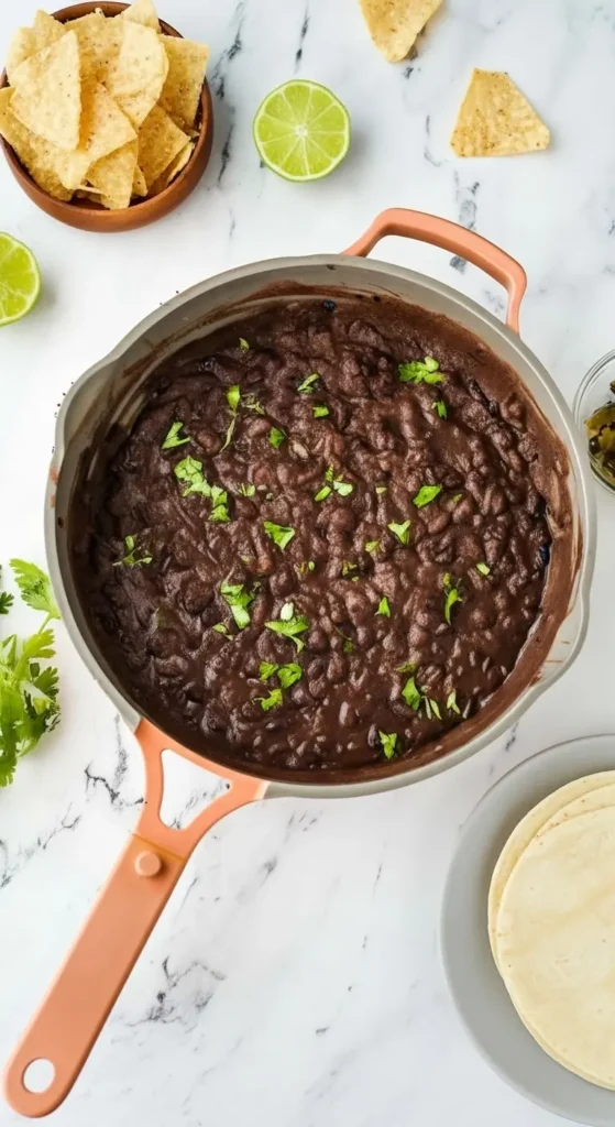 Creamy refried black beans in a white bowl with fresh cilantro, lime half, pickled jalapeños, and chips, quick recipe for tacos and bowls