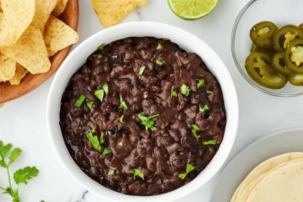 Bowl of refried black beans topped with cilantro, surrounded by tortilla chips, lime, jalapeños, and tortillas, easy homemade Mexican side