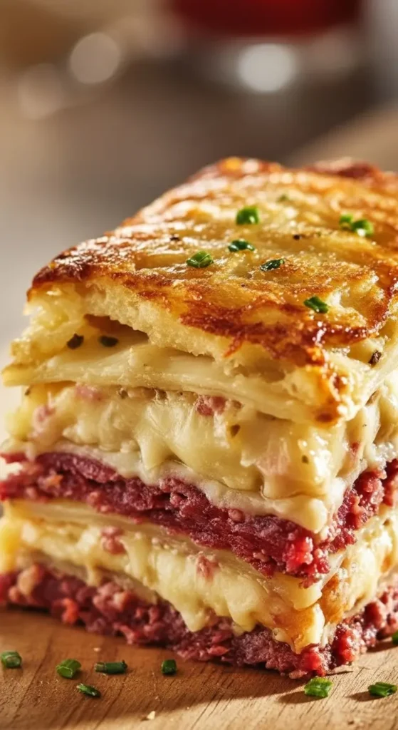 Close up of Reuben Bake Recipe showing crispy top, creamy cheese layers, and tender corned beef in a hearty casserole for dinner