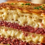 Reuben Bake Recipe with layered corned beef, melted Swiss cheese, and sauerkraut baked into a golden casserole slice on a wooden board