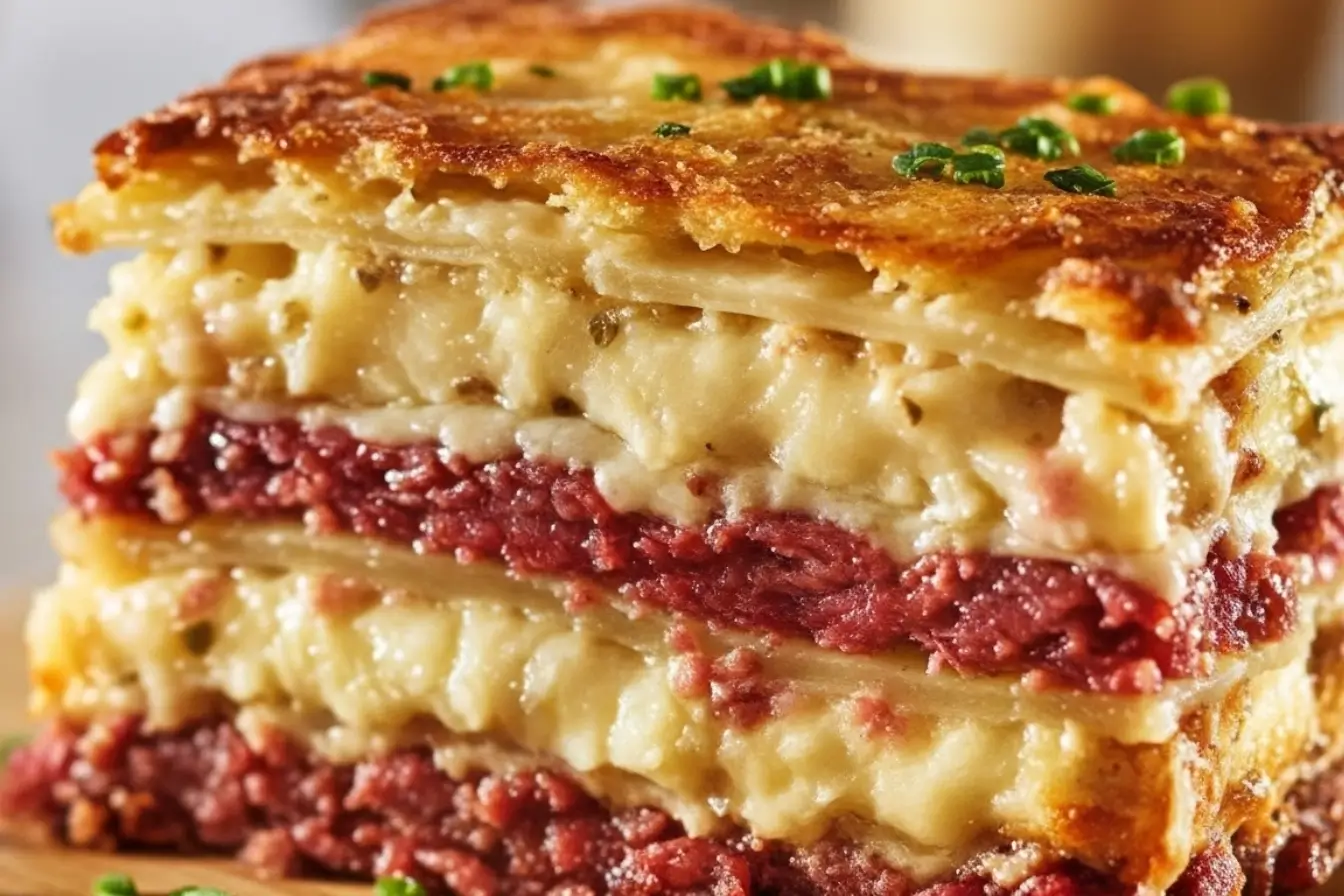 Reuben Bake Recipe with layered corned beef, melted Swiss cheese, and sauerkraut baked into a golden casserole slice on a wooden board