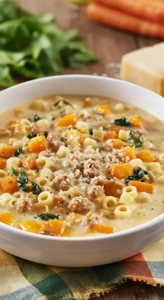 Creamy Roasted Butternut and Sausage Soup packed with tender squash, Italian sausage, pasta rings, and greens, sprinkled with cheese